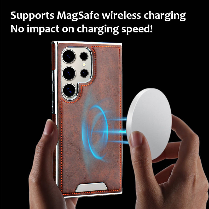 Heltäckande, droppskyddat mobilskal i äkta läder (Samsung Galaxy S23 S24 Plus Ultra) med magnetisk korthållare
