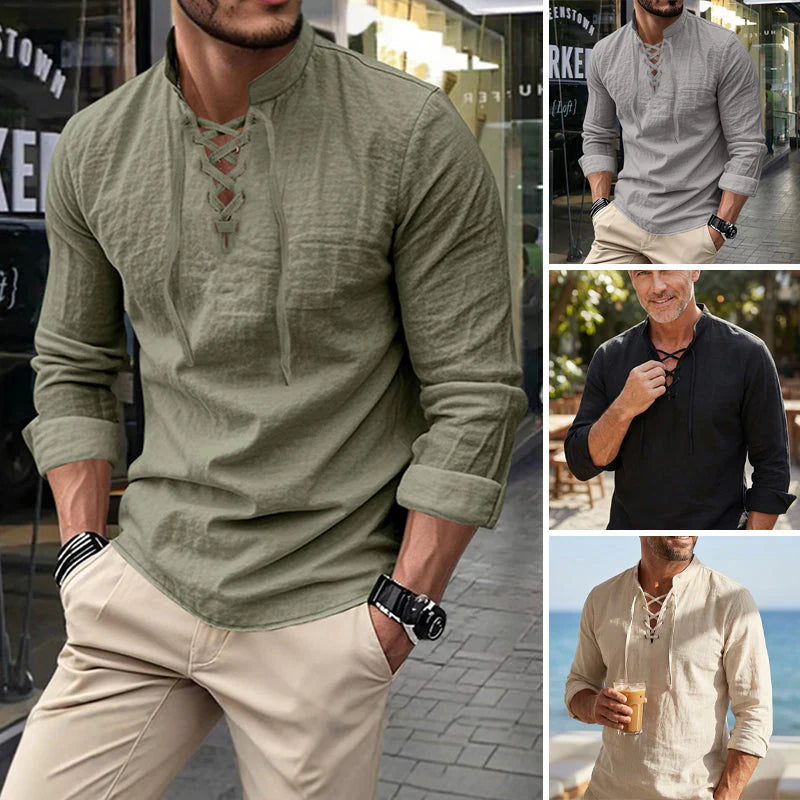 💎 50% RABATT! 💎 Herrskjorta i enfärgad stil – Snörning, modern ståkrage och ventilerande bomullsblandning 👔