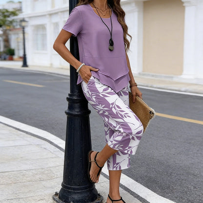 👗LIMITED-TIME 50% OFF! 🍃 Casual 2-Piece Set – Layered Tunic Top & Printed Wide-Leg Pants, Lightweight Polyester 🌸