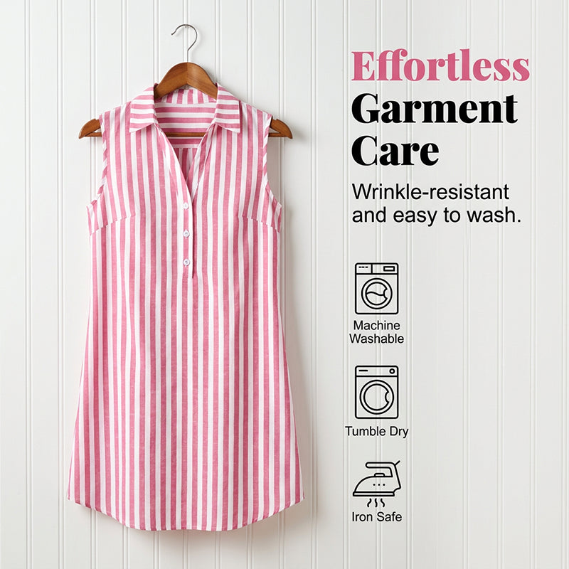 Women's sleeveless, striped shirt dress with a V-neck