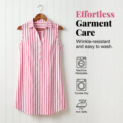 Women's sleeveless, striped shirt dress with a V-neck