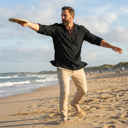 💎 50% RABATT! 💎 Herrskjorta i enfärgad stil – Snörning, modern ståkrage och ventilerande bomullsblandning 👔