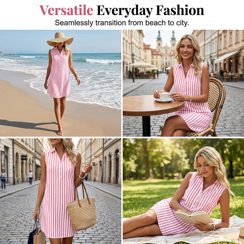 Women's sleeveless, striped shirt dress with a V-neck