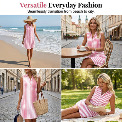 Women's sleeveless, striped shirt dress with a V-neck