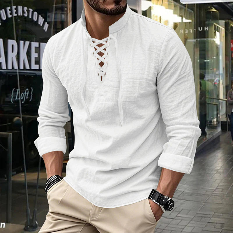 💎 50% RABATT! 💎 Herrskjorta i enfärgad stil – Snörning, modern ståkrage och ventilerande bomullsblandning 👔