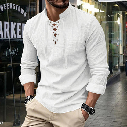 💎 50% RABATT! 💎 Herrskjorta i enfärgad stil – Snörning, modern ståkrage och ventilerande bomullsblandning 👔
