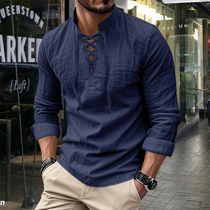 💎 50% RABATT! 💎 Herrskjorta i enfärgad stil – Snörning, modern ståkrage och ventilerande bomullsblandning 👔