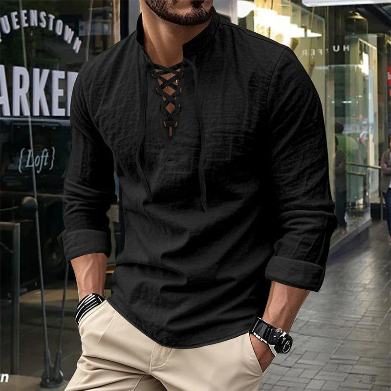 💎 50% RABATT! 💎 Herrskjorta i enfärgad stil – Snörning, modern ståkrage och ventilerande bomullsblandning 👔