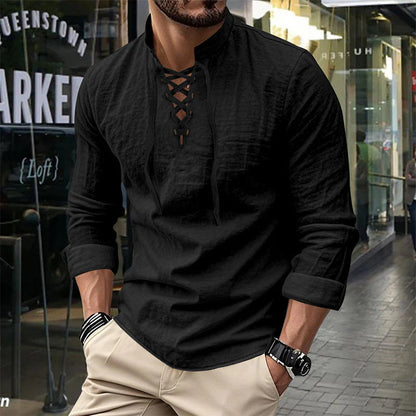 💎 50% RABATT! 💎 Herrskjorta i enfärgad stil – Snörning, modern ståkrage och ventilerande bomullsblandning 👔