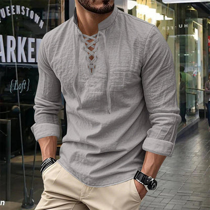 💎 50% RABATT! 💎 Herrskjorta i enfärgad stil – Snörning, modern ståkrage och ventilerande bomullsblandning 👔