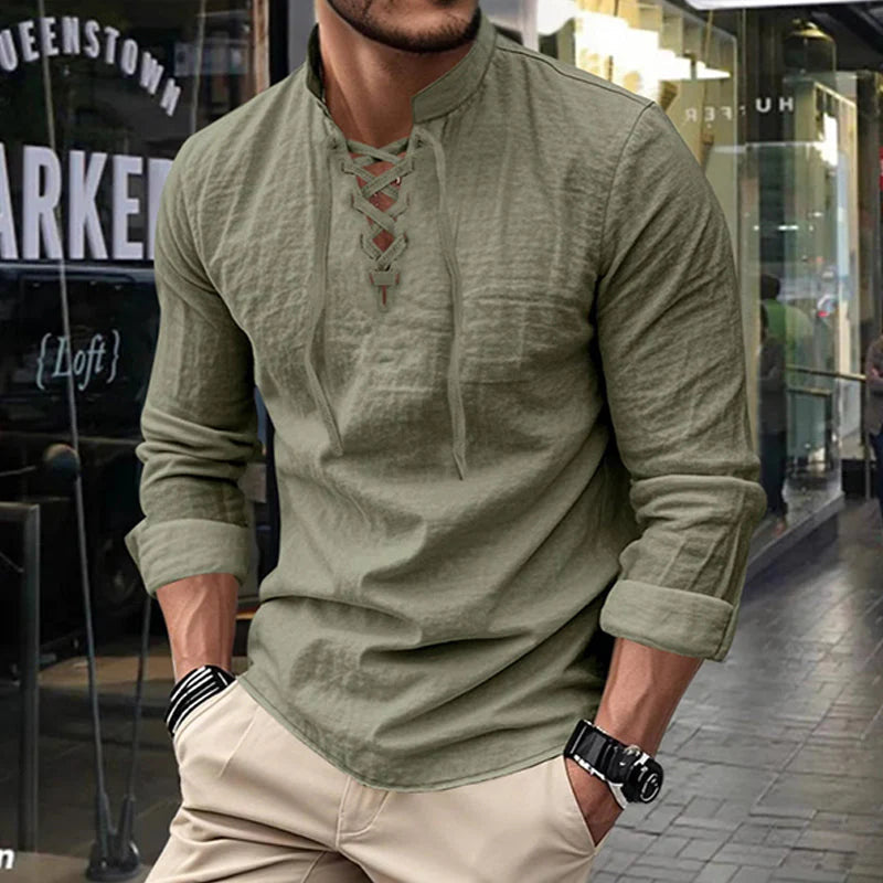 💎 50% RABATT! 💎 Herrskjorta i enfärgad stil – Snörning, modern ståkrage och ventilerande bomullsblandning 👔
