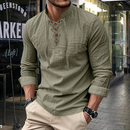 💎 50% RABATT! 💎 Herrskjorta i enfärgad stil – Snörning, modern ståkrage och ventilerande bomullsblandning 👔
