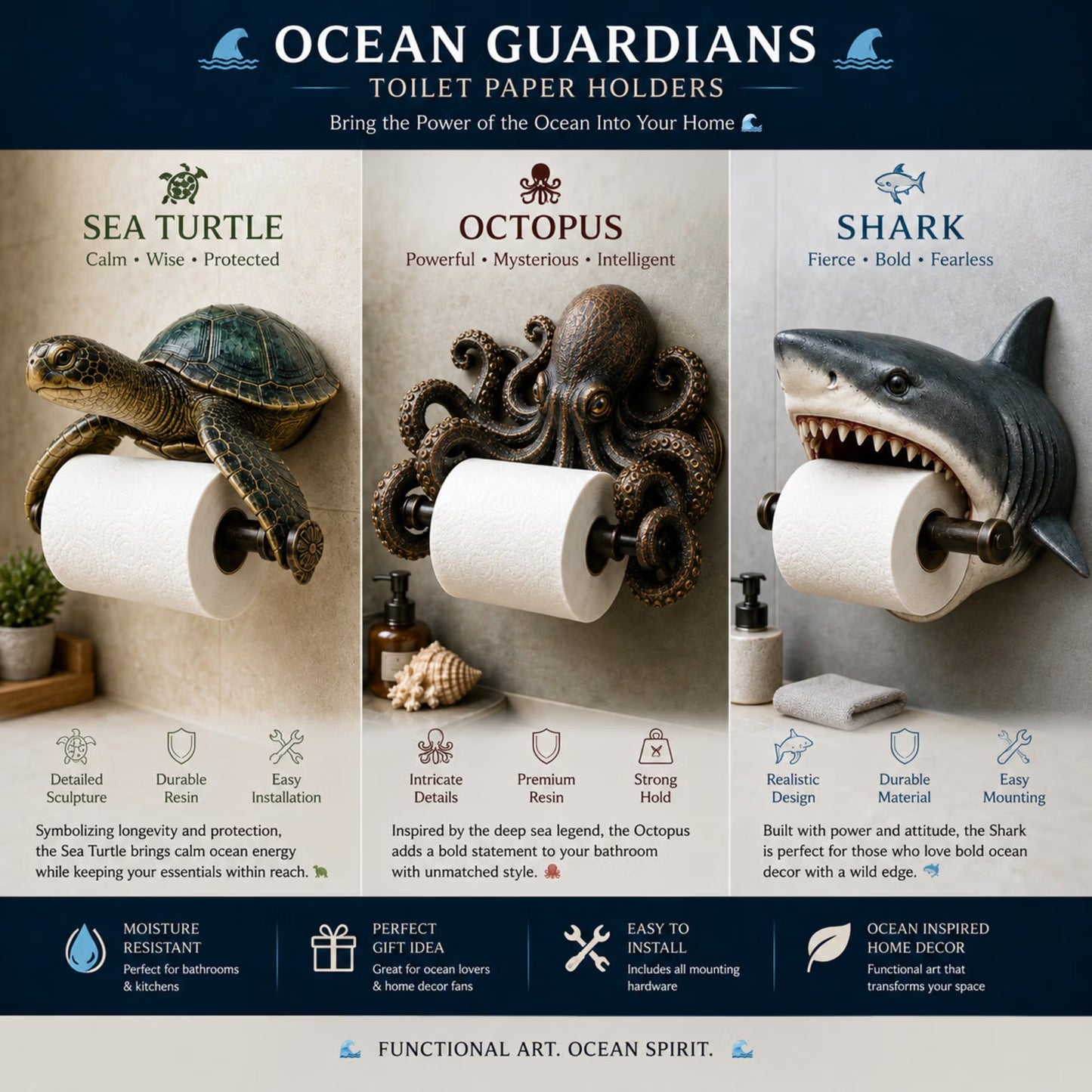 Ocean Guardian Toilet Paper Holder with Turtle/Shark/Octopus Design, Resin Wall Mount Bathroom Decor, Housewarming/Father's Day Gift for Ocean Lover