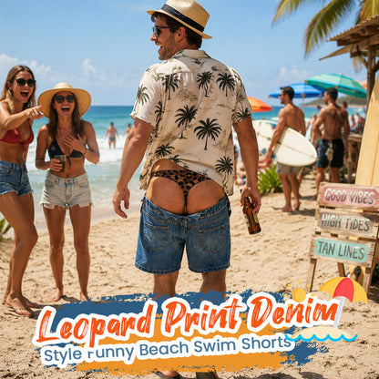 Funny Leopard‑Print Fake Denim Swim Shorts | Novelty Illusion Beach Trunks