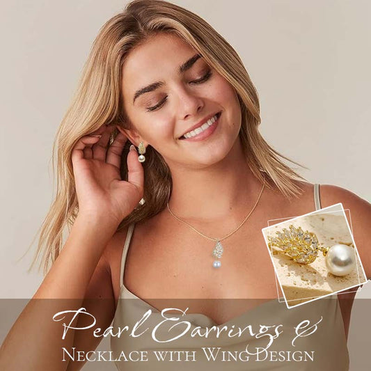 ✨ Pärlörhängen & Halsband med Vingdesign – Elegant Smyckesset för Kvinnor