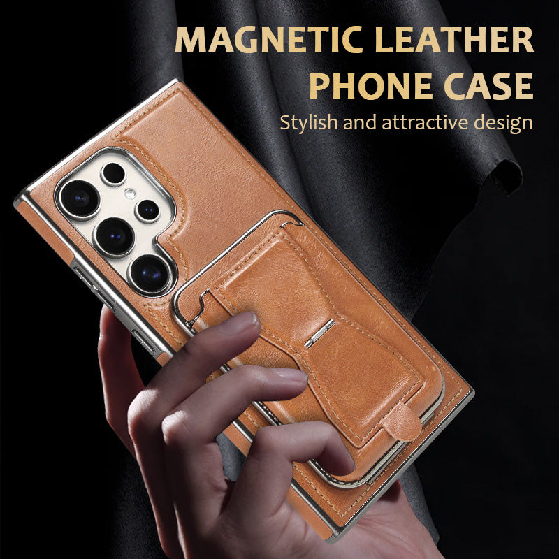 Heltäckande, droppskyddat mobilskal i äkta läder (Samsung Galaxy S23 S24 Plus Ultra) med magnetisk korthållare