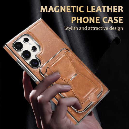 Heltäckande, droppskyddat mobilskal i äkta läder (Samsung Galaxy S23 S24 Plus Ultra) med magnetisk korthållare
