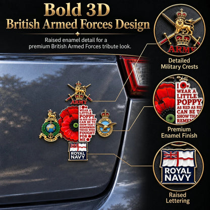 🌺 British Armed Forces “Lest We Forget” Remembrance Poppy Tribute Metal Car Emblem | 7–8-Inch 3D Metal Design with Raised Military-Inspired Details & Heavy-Duty Adhesive Backing 🇬🇧