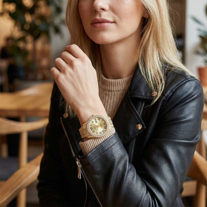 Damkvartsklocka med stålarmband i strass