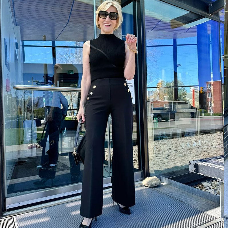 Hög Elastisk Knapp Med Breda Ben Slimbyxor Leggings🔥Fri frakt