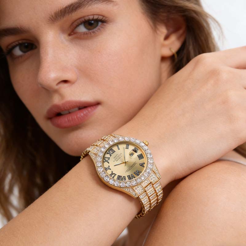 Damkvartsklocka med stålarmband i strass