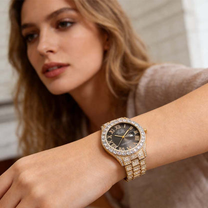 Damkvartsklocka med stålarmband i strass