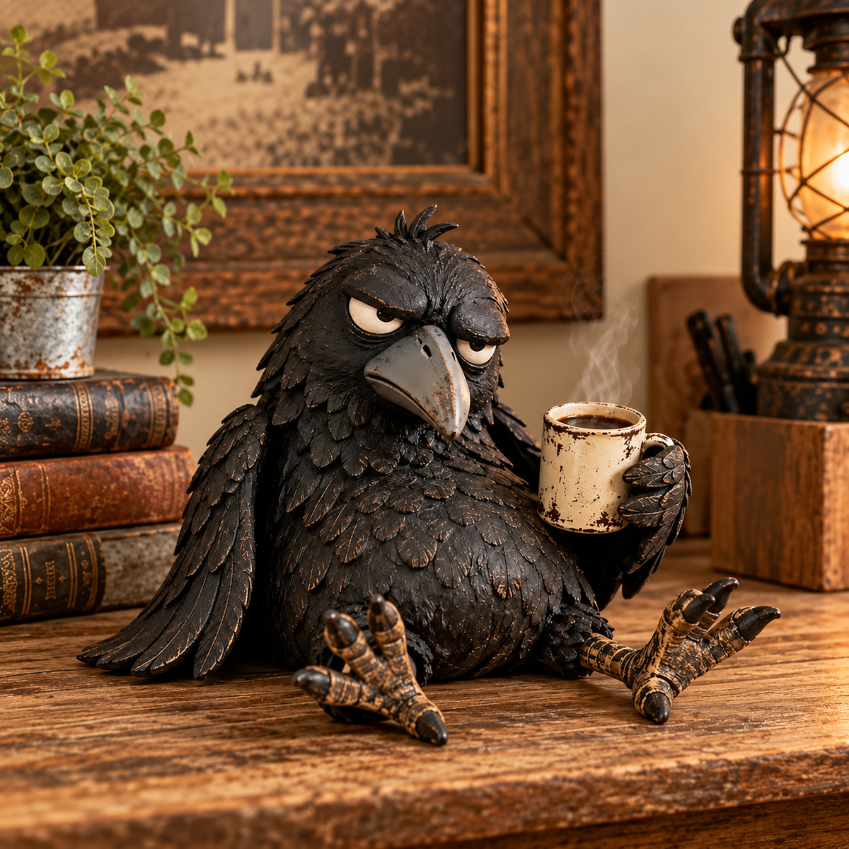 Grumpy Coffee Raven Figurine – “Not Yet” Funny Morning Decor