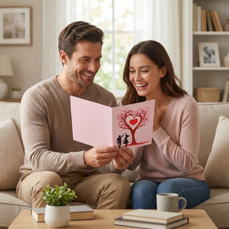 Romantiskt 3D-hälsningskort med "Dansande under hjärtträdet"