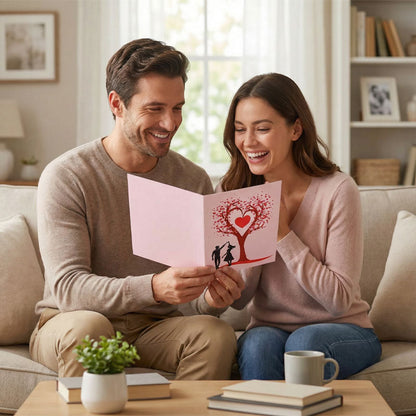 Romantiskt 3D-hälsningskort med "Dansande under hjärtträdet"