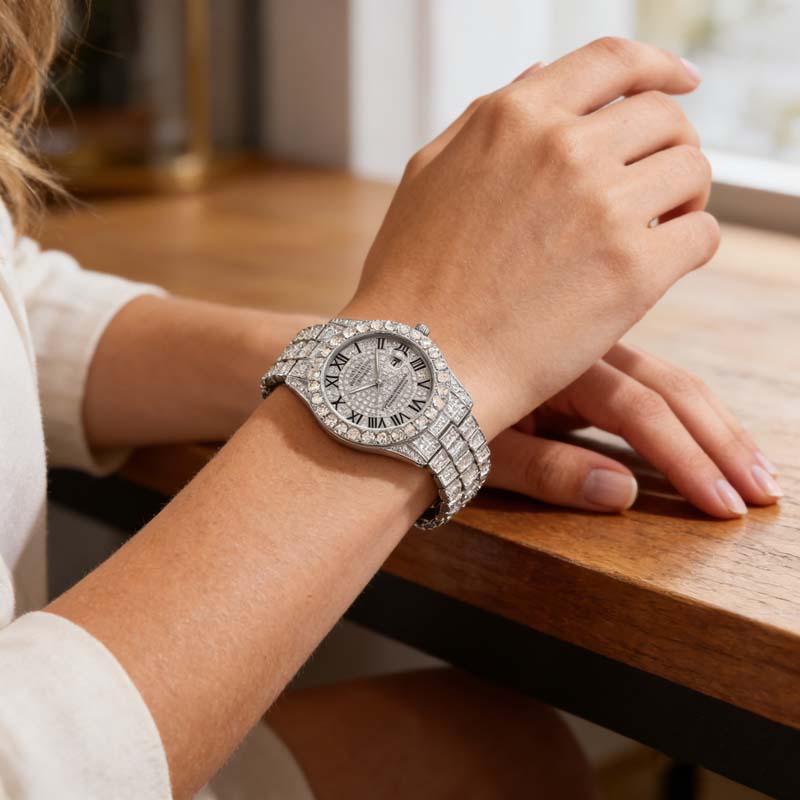 Damkvartsklocka med stålarmband i strass