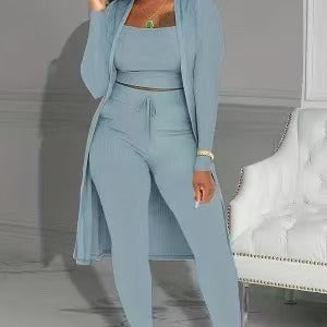 💎 Avslappnat 3-delat stickat set – Beskuren topp, lång kofta och åtsittande byxor | Mjukt, stretchigt och trendigt 🧶