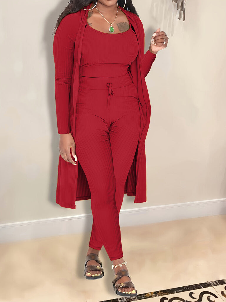 💎 Avslappnat 3-delat stickat set – Beskuren topp, lång kofta och åtsittande byxor | Mjukt, stretchigt och trendigt 🧶