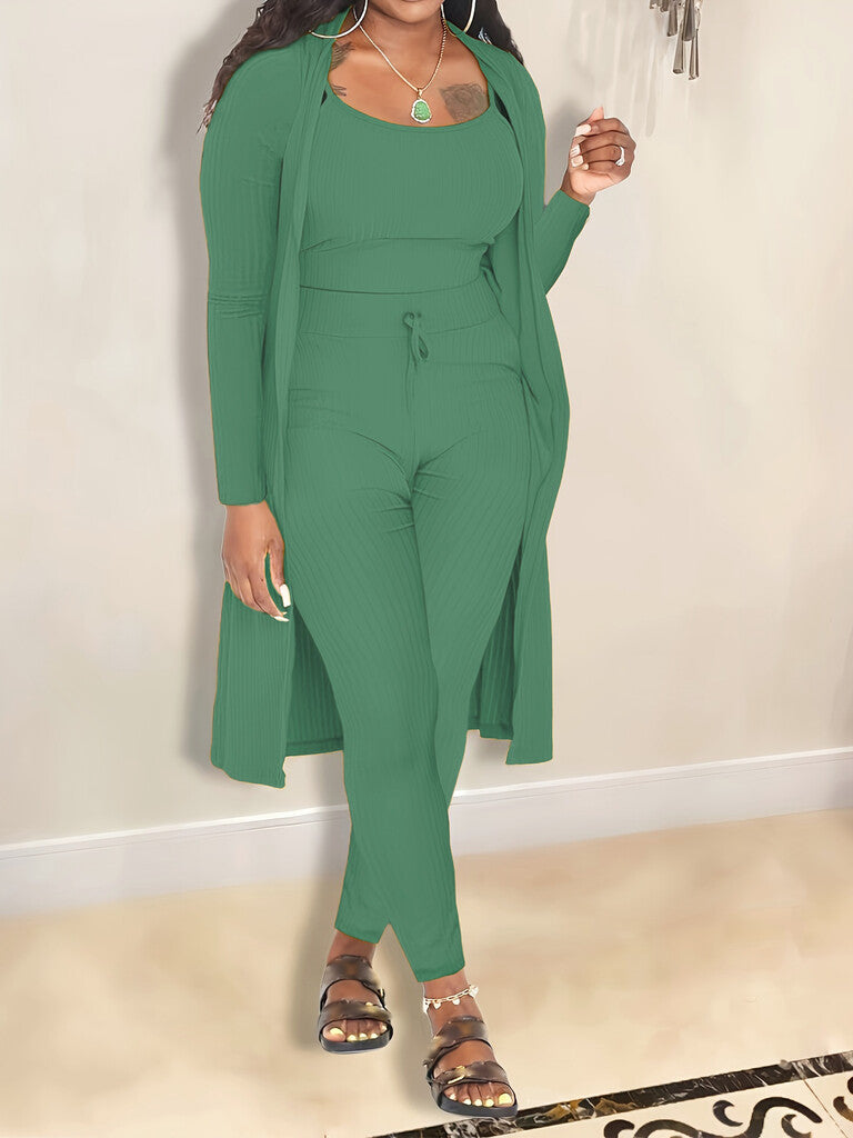 💎 Avslappnat 3-delat stickat set – Beskuren topp, lång kofta och åtsittande byxor | Mjukt, stretchigt och trendigt 🧶