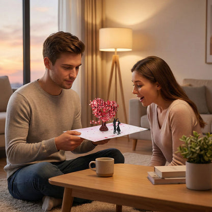 Romantiskt 3D-hälsningskort med "Dansande under hjärtträdet"