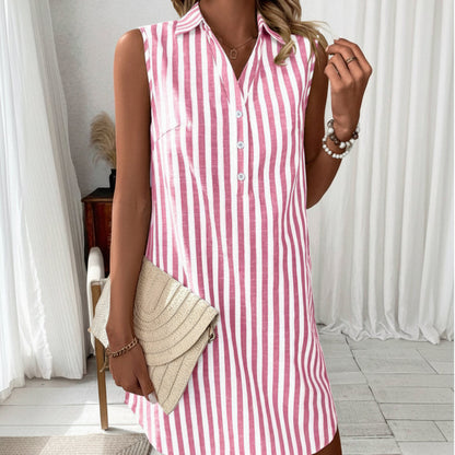 Women's sleeveless, striped shirt dress with a V-neck