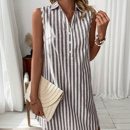 Women's sleeveless, striped shirt dress with a V-neck