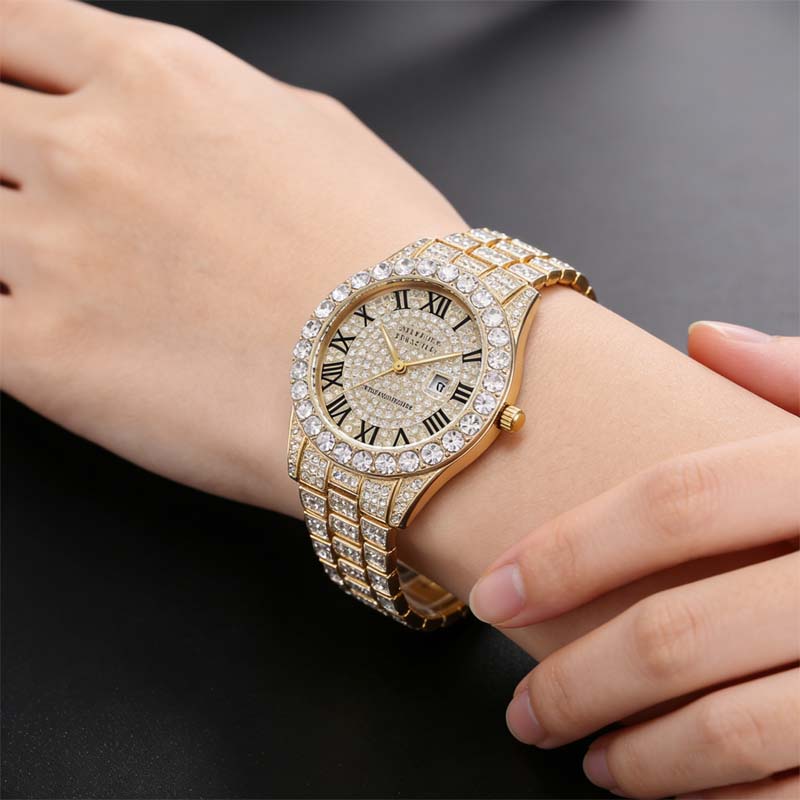 Damkvartsklocka med stålarmband i strass