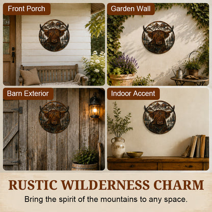 🐂Highland Cow Mountain Scene Metal Wall🏔️