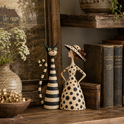 🐱🎨 Vintage Cat & Lady Sculpture Set — distressed charm for cosy corners