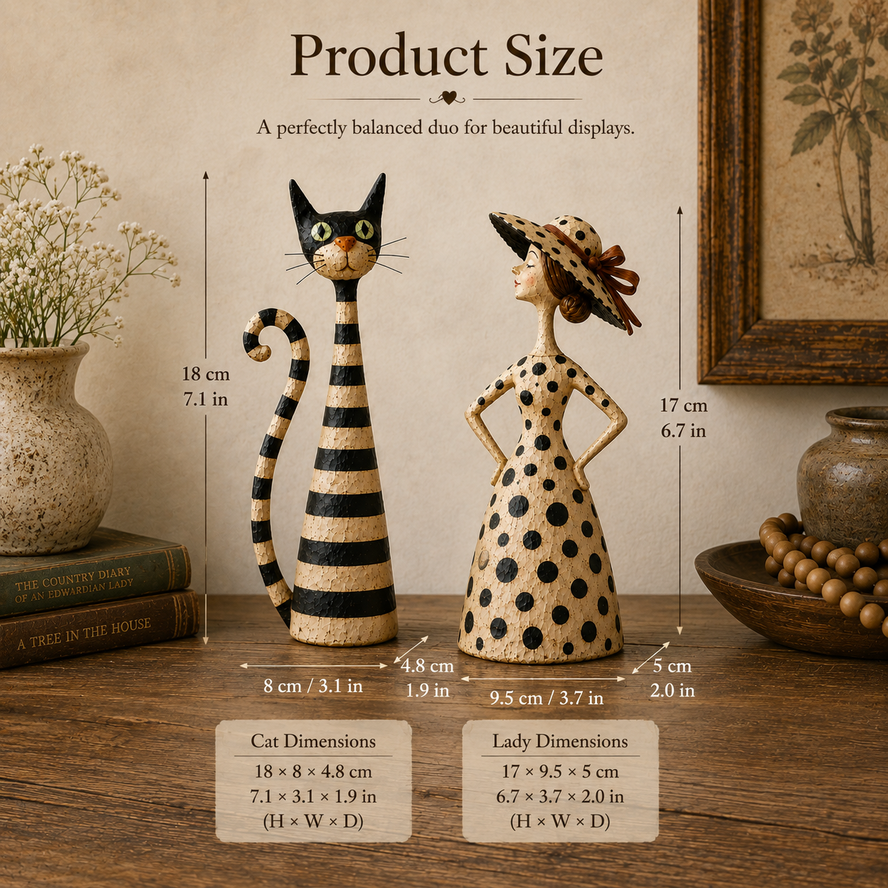 🐱🎨 Vintage Cat & Lady Sculpture Set — distressed charm for cosy corners