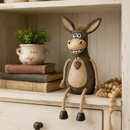 Rustic figurine of a donkey on a plank with rope legs hanging down