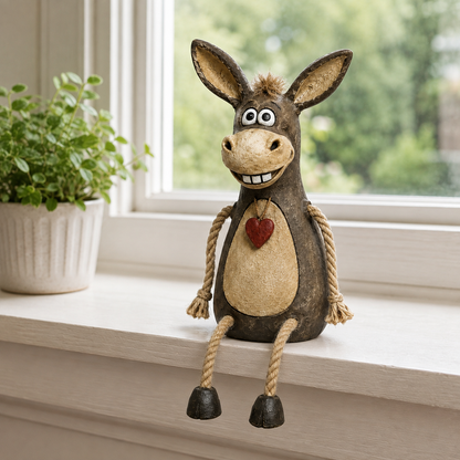 Rustic figurine of a donkey on a plank with rope legs hanging down