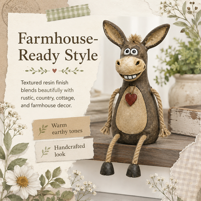Rustic figurine of a donkey on a plank with rope legs hanging down