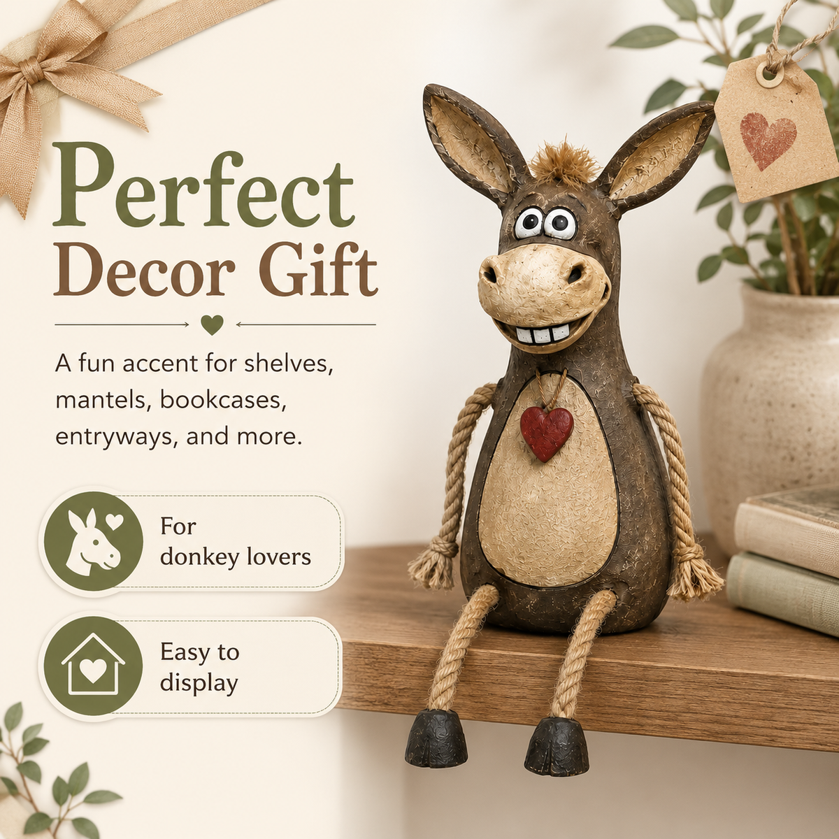 Rustic figurine of a donkey on a plank with rope legs hanging down