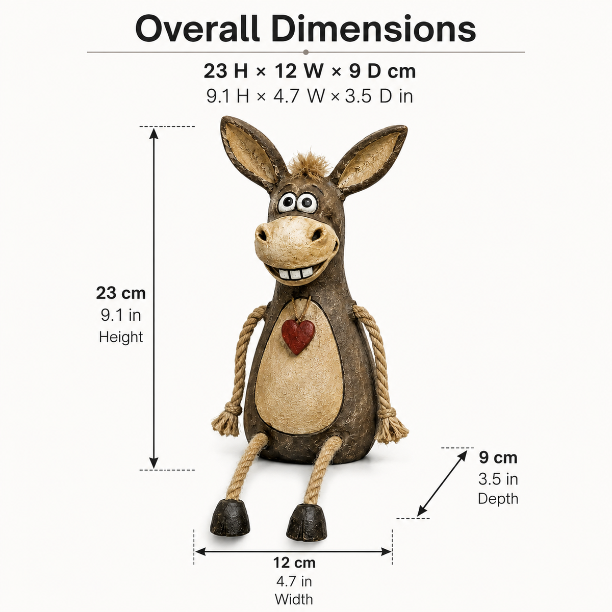 Rustic figurine of a donkey on a plank with rope legs hanging down