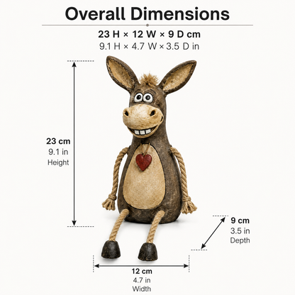 Rustic figurine of a donkey on a plank with rope legs hanging down