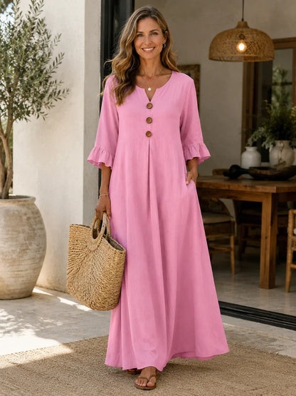 Women's Maxi Dress with a V-neck and Ruffles