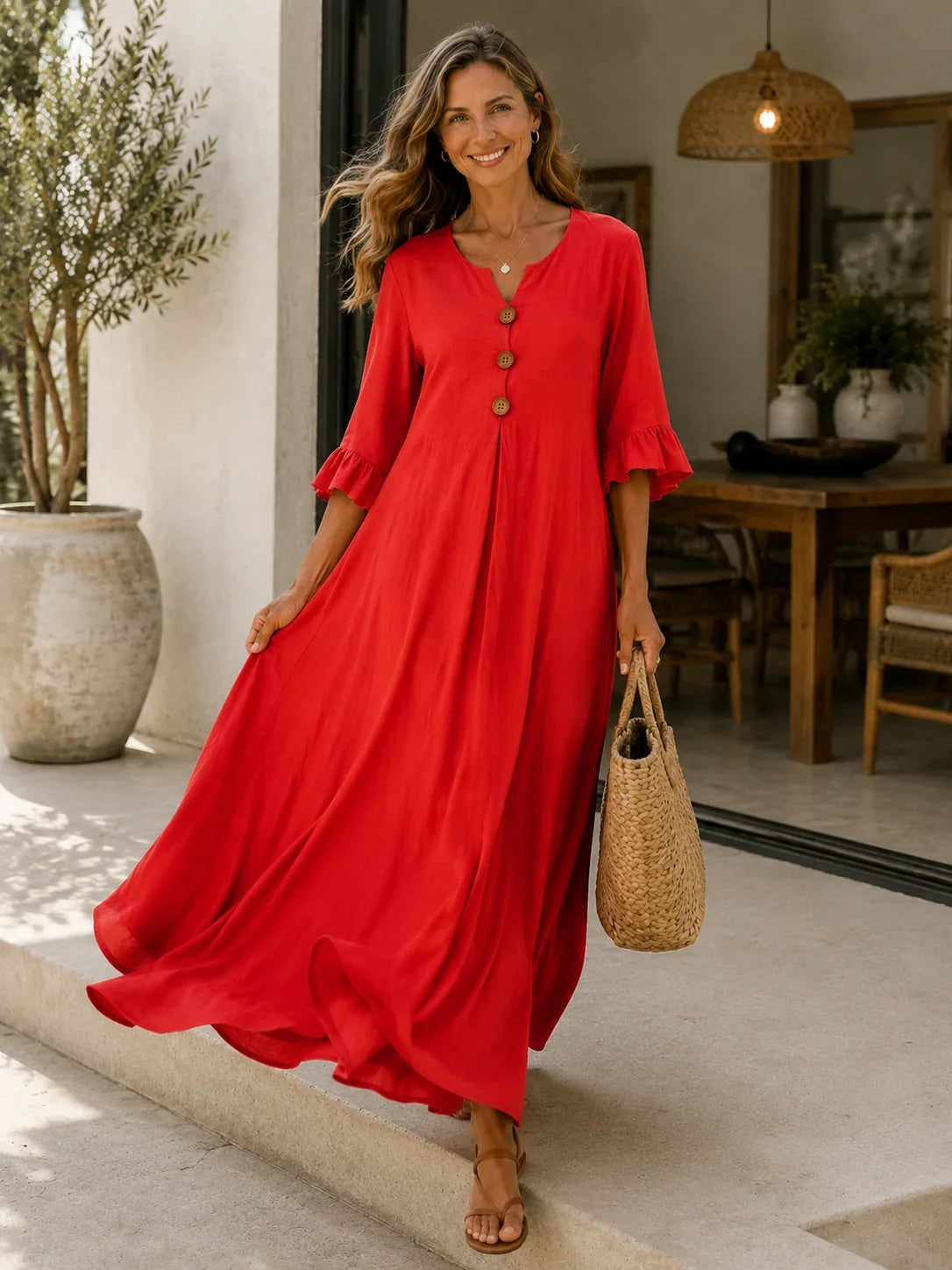 Women's Maxi Dress with a V-neck and Ruffles