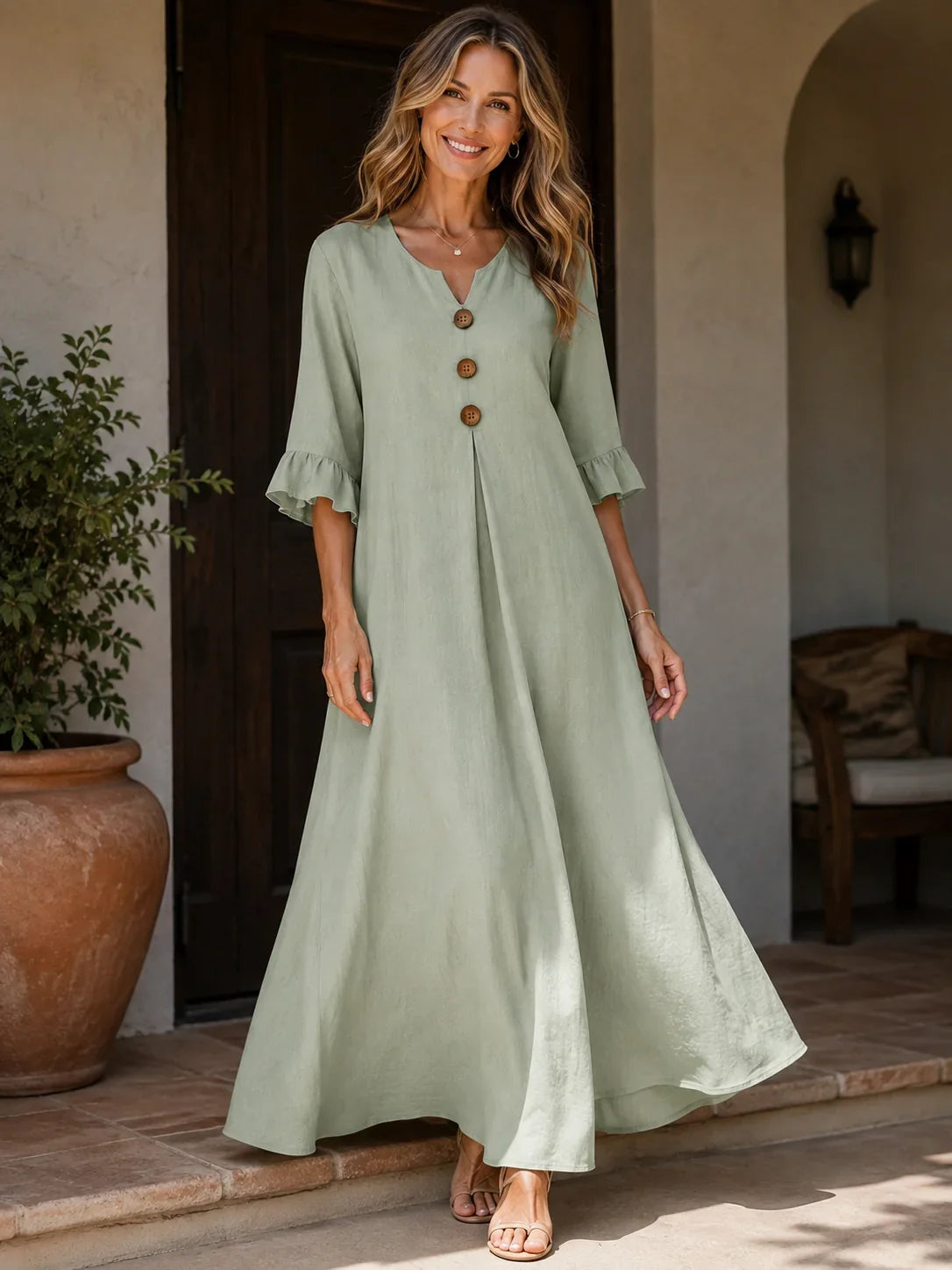 Women's Maxi Dress with a V-neck and Ruffles