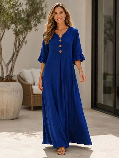 Women's Maxi Dress with a V-neck and Ruffles